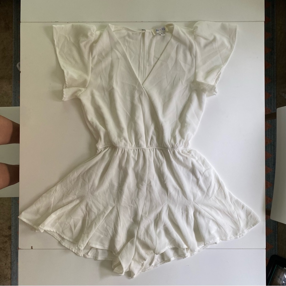 She and Sky White V Neck Romper Size M